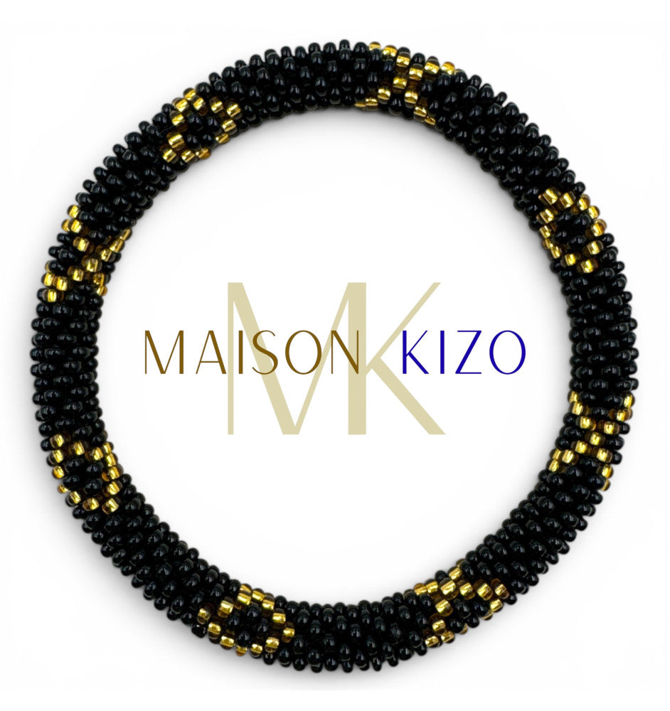 Glasperlenarmband Nepal Schwarz-Gold Boho Muster - handgefertigt, Fair Trade, Maison KIZO