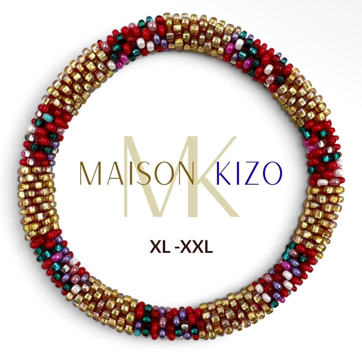 Glasperlen Armband in der Farbe Gold,  kräftiges Rot, Türkis, Weiß und zartes Flieder.